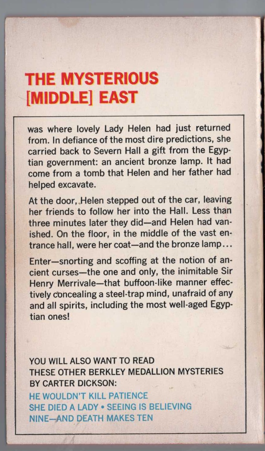 Carter Dickson  THE CURSE OF THE BRONZE LAMP magnified rear book cover image