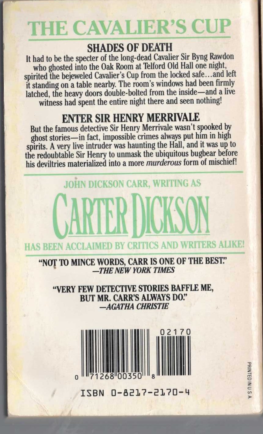 Carter Dickson  THE CAVALIER'S CUP magnified rear book cover image