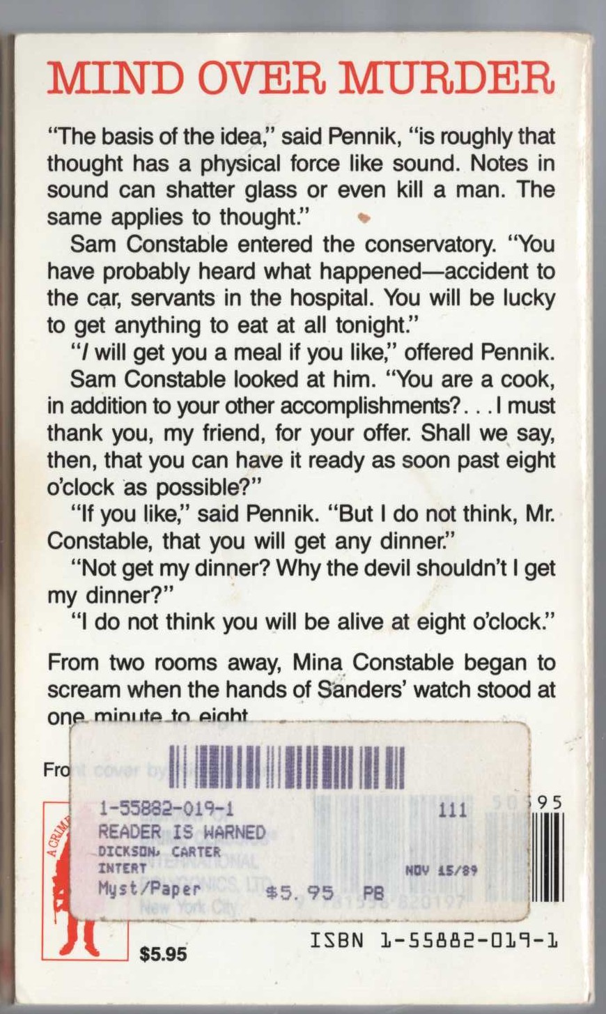 Carter Dickson  THE READER IS WARNED magnified rear book cover image