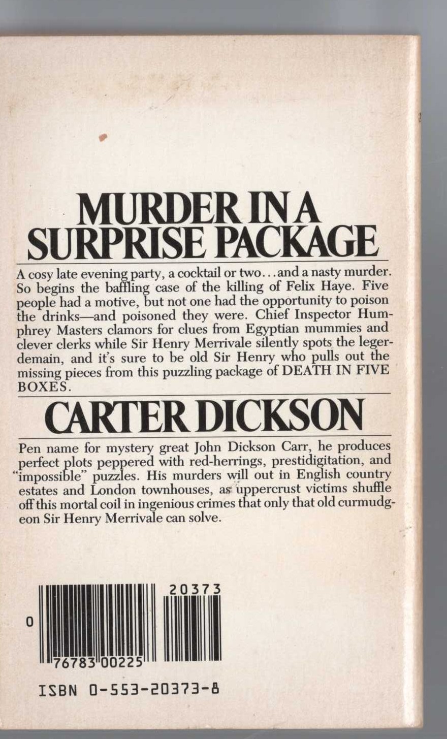 Carter Dickson  DEATH IN FIVE BOXES magnified rear book cover image