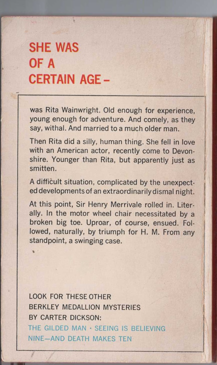 Carter Dickson  SHE DIED A LADY magnified rear book cover image