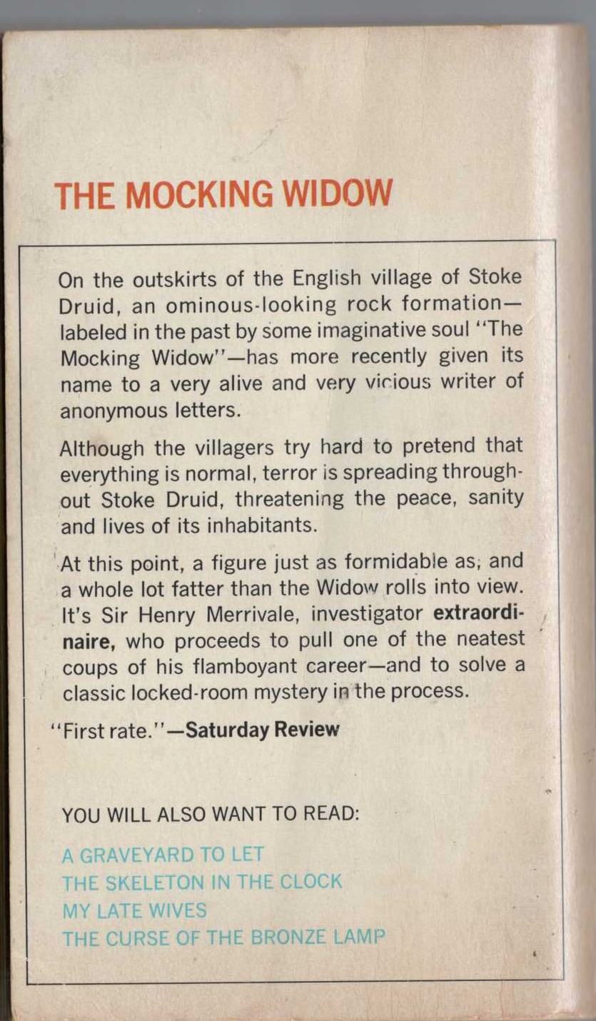 Carter Dickson  NIGHT AT THE MOCKING WIDOW magnified rear book cover image