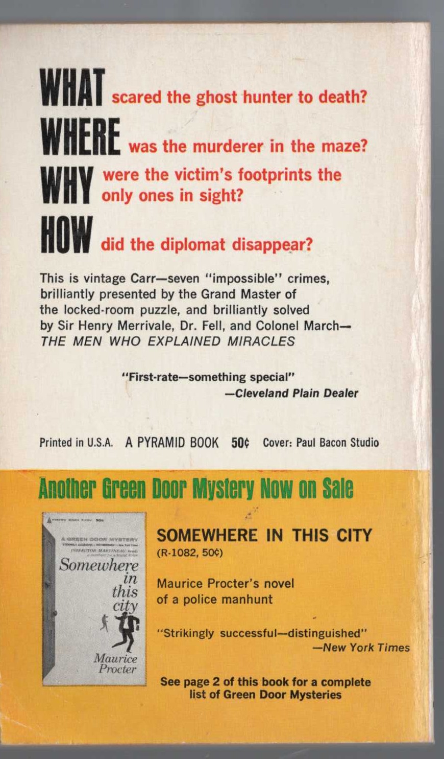 John Dickson Carr  THE MEN WHO EXPLAINED MIRACLES magnified rear book cover image