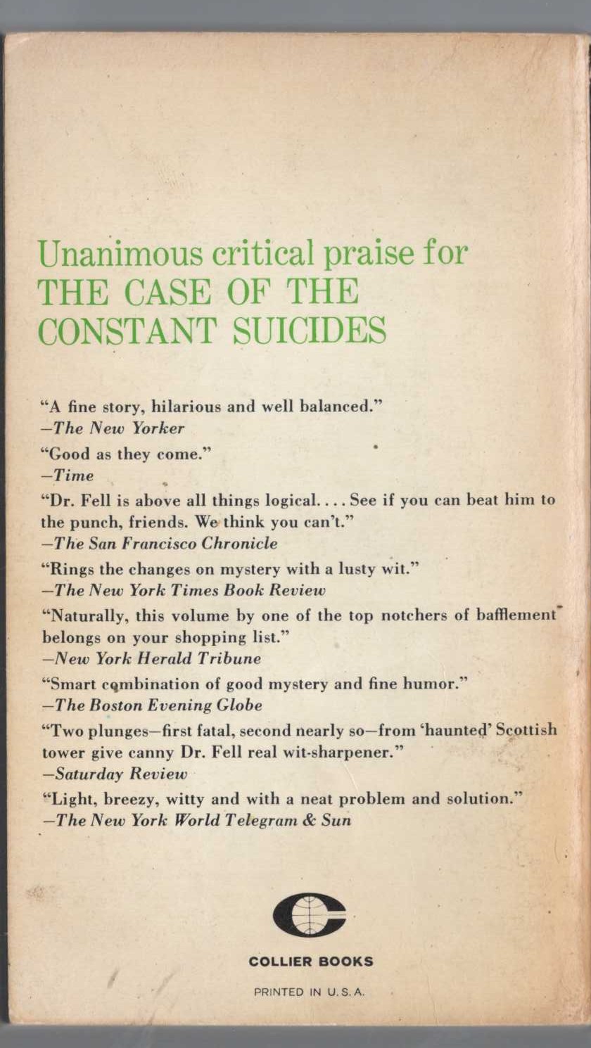 John Dickson Carr  THE CASE OF THE CONSTANT SUICIDES magnified rear book cover image