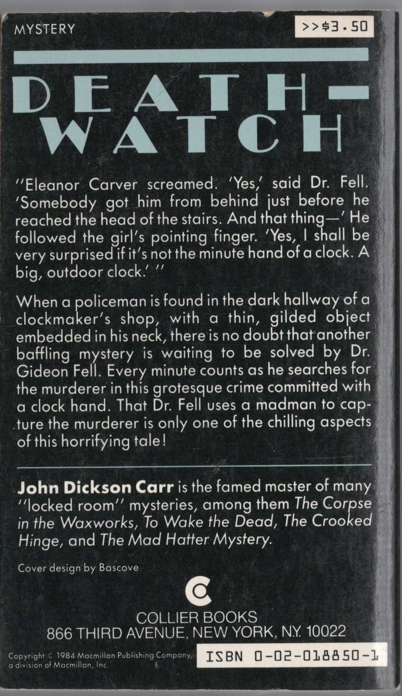 John Dickson Carr  DEATH-WATCH magnified rear book cover image