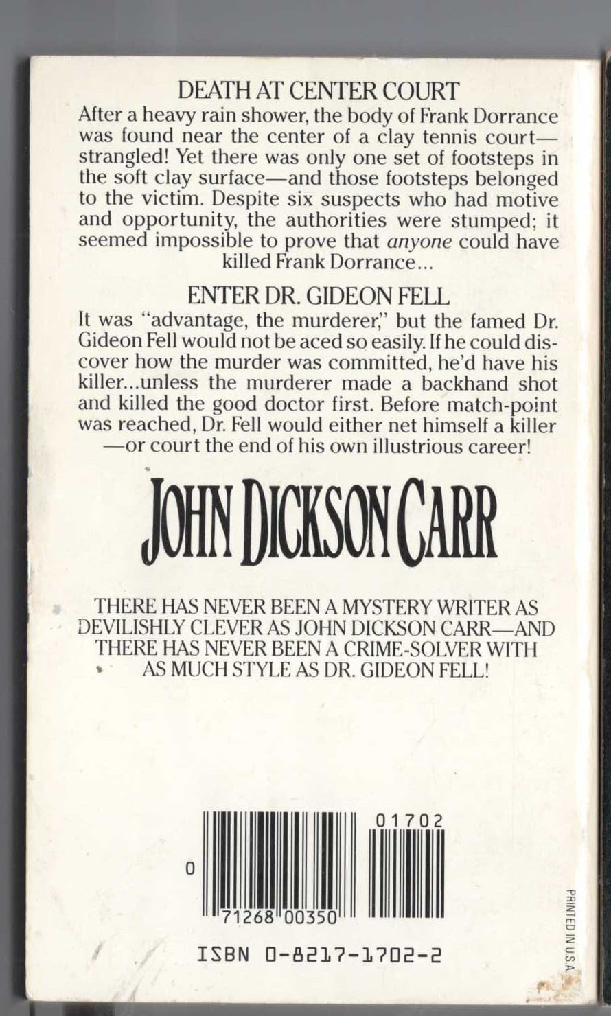 John Dickson Carr  THE PROBLEM OF THE WIRE CAGE magnified rear book cover image