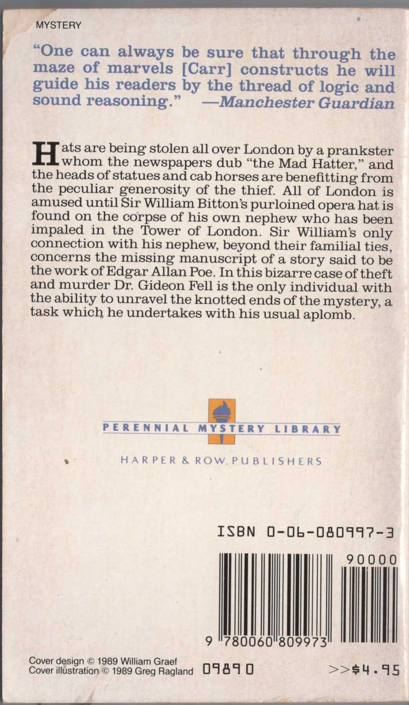 John Dickson Carr  THE MAD HATTER MYSTERY magnified rear book cover image