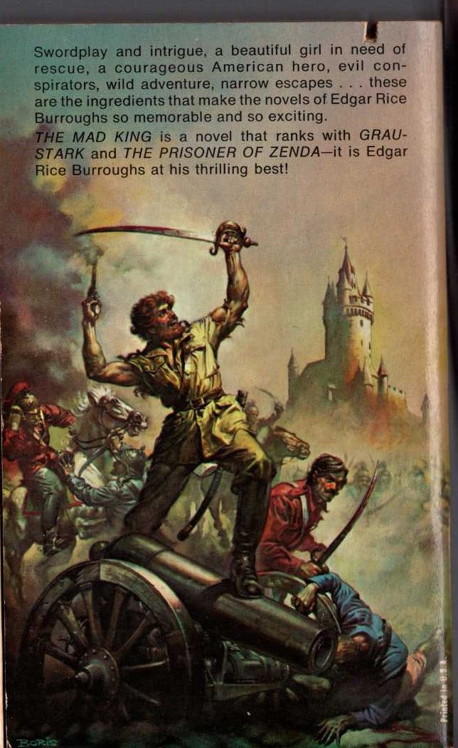 Edgar Rice Burroughs  THE MAD KING magnified rear book cover image