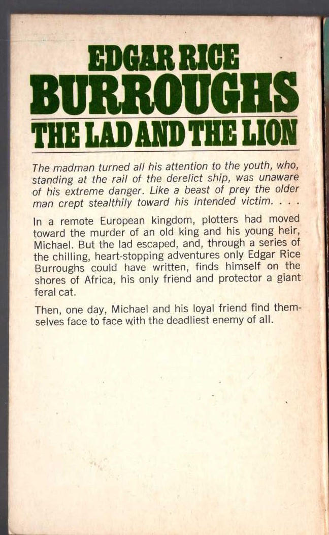 Edgar Rice Burroughs  THE LAD AND THE LION magnified rear book cover image