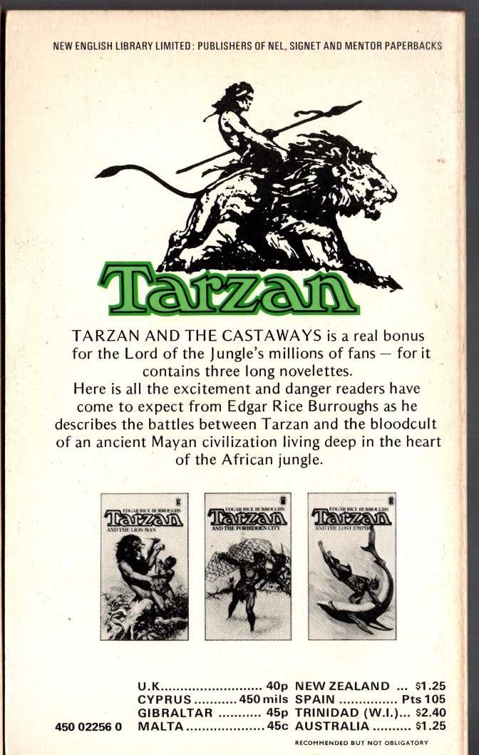 Edgar Rice Burroughs  TARZAN AND THE CASTAWAYS magnified rear book cover image