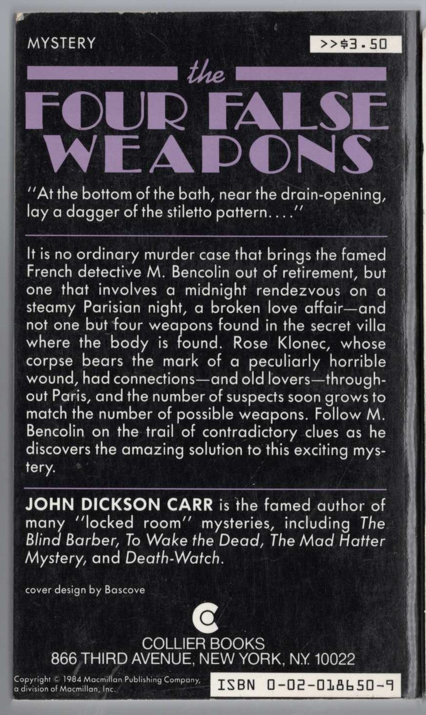 John Dickson Carr  THE FOUR FALSE WEAPONS magnified rear book cover image