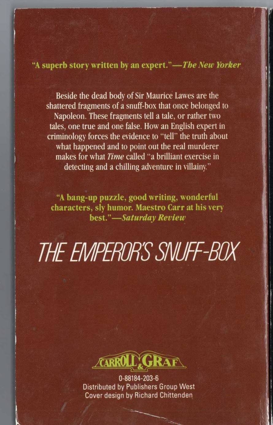 John Dickson Carr  THE EMPEROR'S SNUFF-BOX magnified rear book cover image