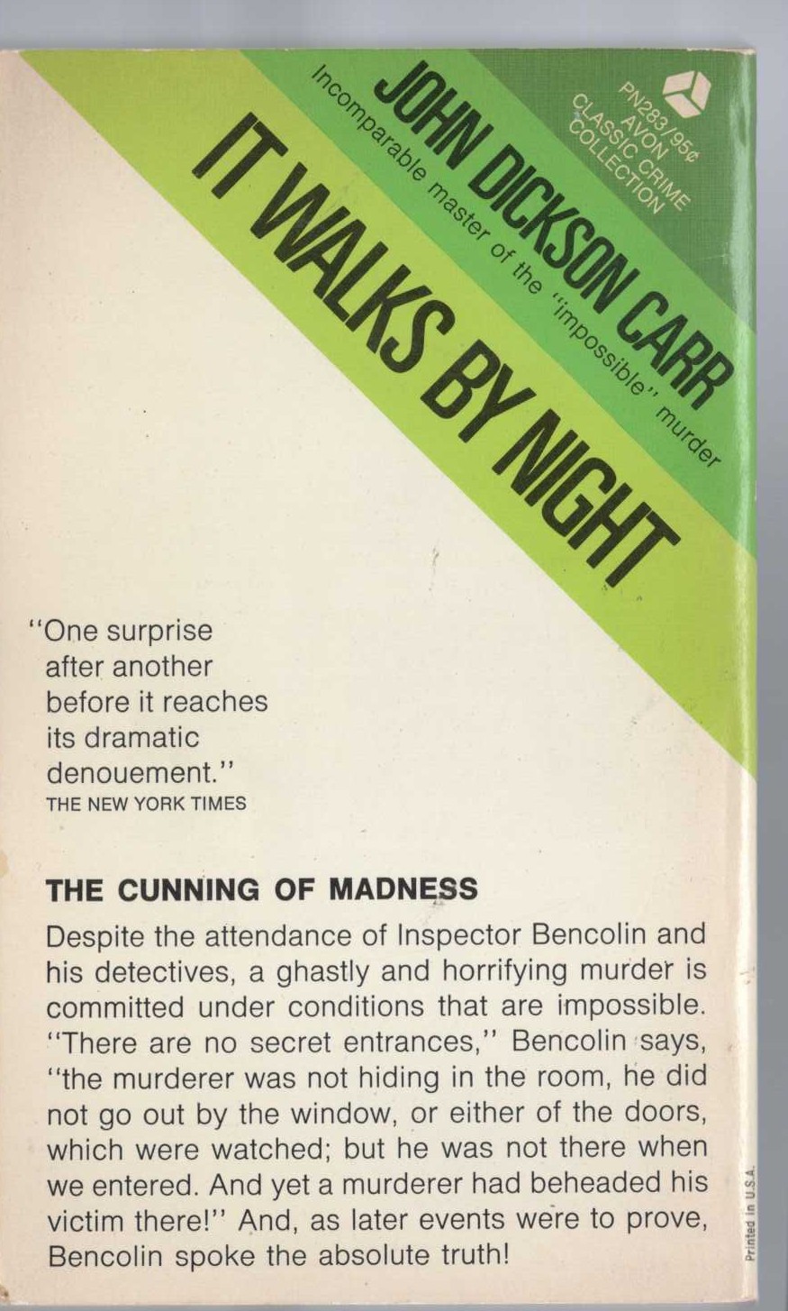 John Dickson Carr  IT WALKS BY NIGHT magnified rear book cover image