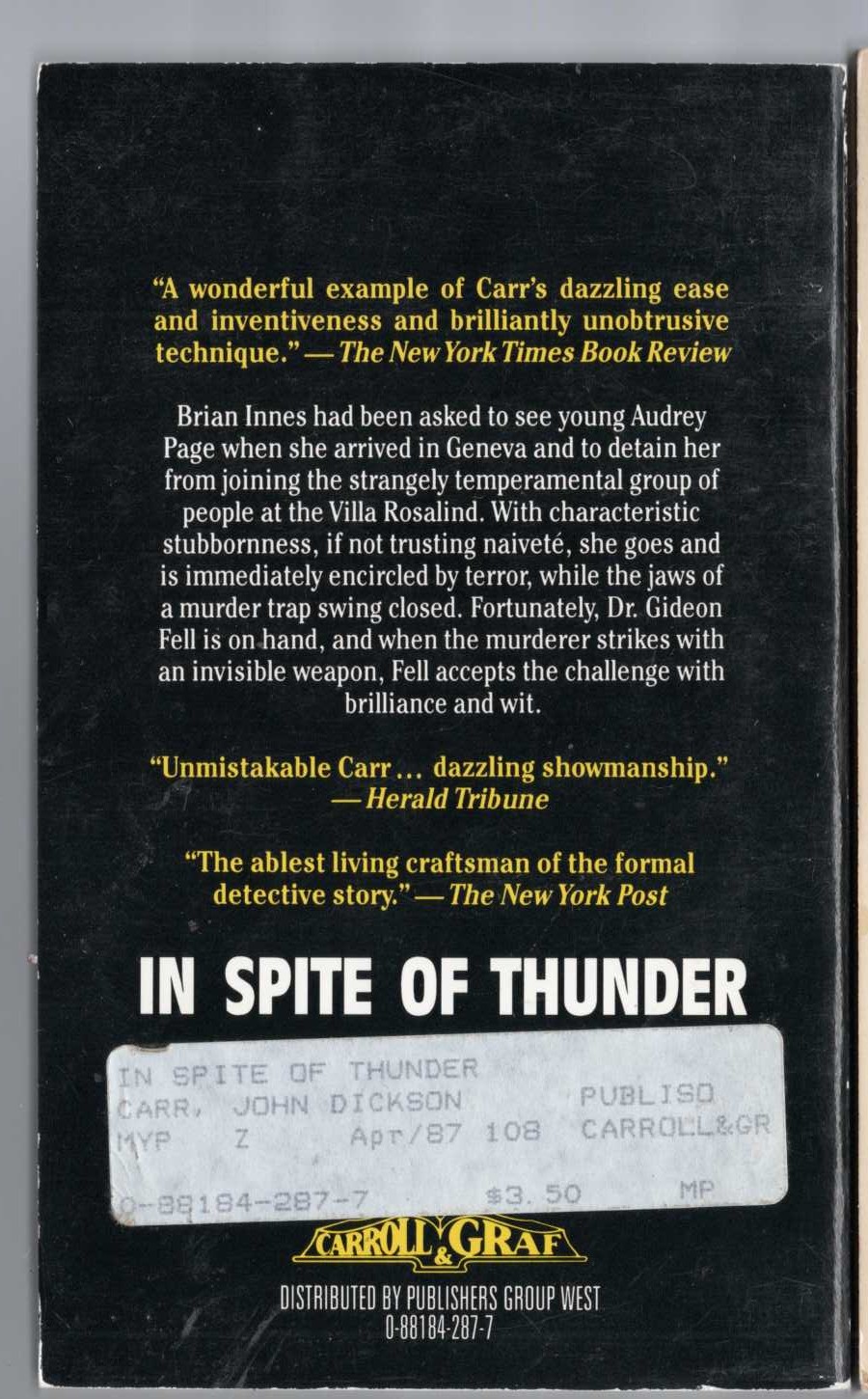 John Dickson Carr  IN SPITE OF THUNDER magnified rear book cover image
