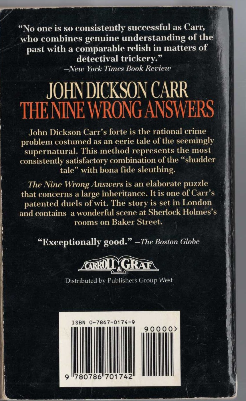 John Dickson Carr  THE NINE WRONG ANSWERS magnified rear book cover image
