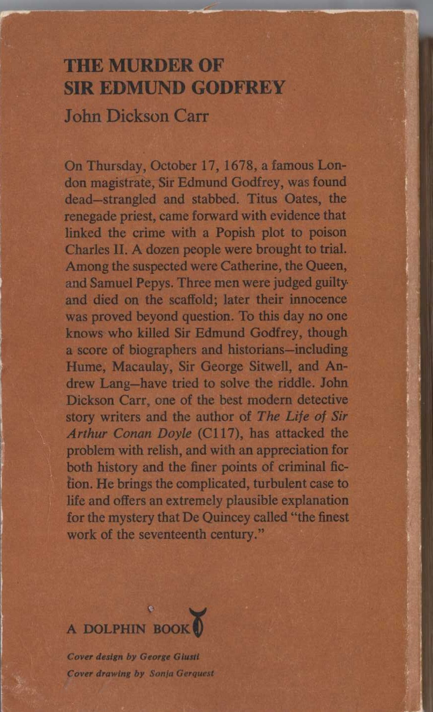 John Dickson Carr  THE MURDER OF SIR EDMUND GODFREY magnified rear book cover image