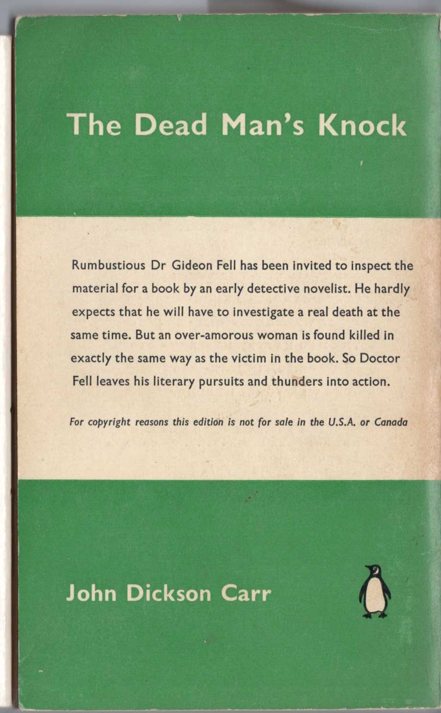 John Dickson Carr  THE DEAD MAN'S KNOCK magnified rear book cover image