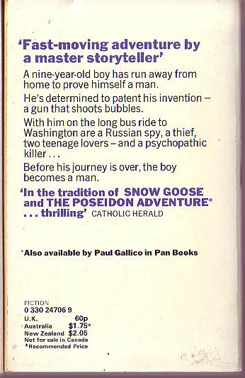 Paul Gallico  THE BOY INVENTED THE BUBBLE GUN magnified rear book cover image