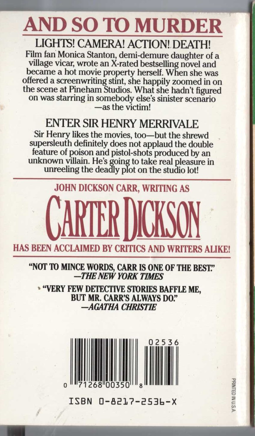 Carter Dickson  AND SO TO MURDER magnified rear book cover image