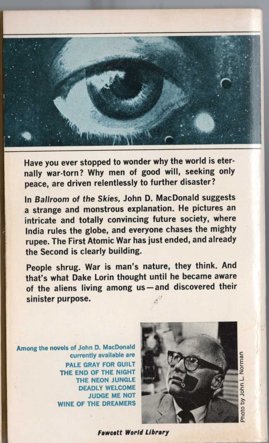 John D. MacDonald  BALLROOM OF THE SKIES magnified rear book cover image