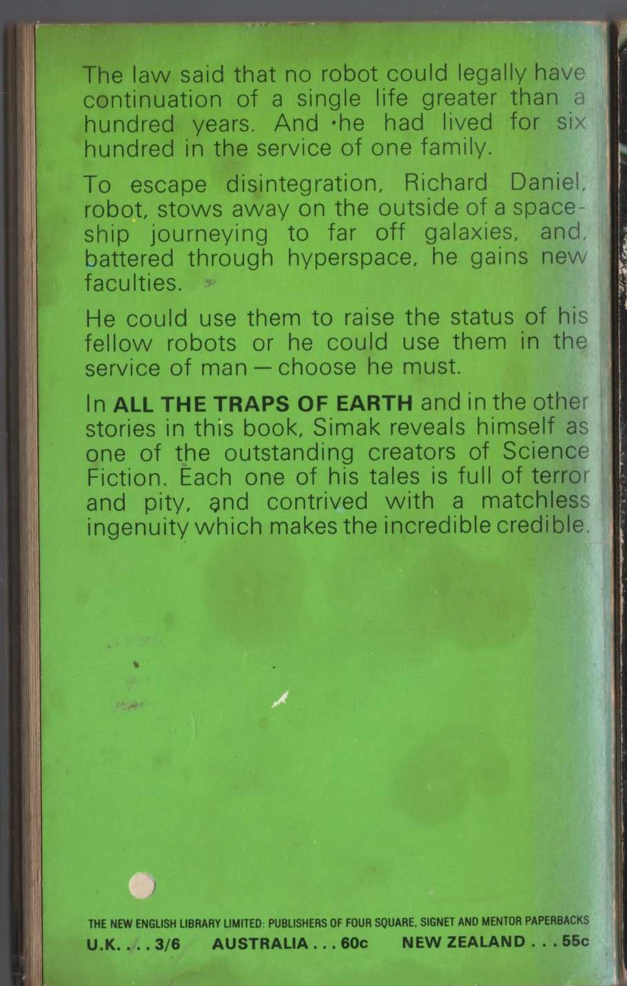 Clifford D. Simak  ALL THE TRAPS OF EARTH magnified rear book cover image