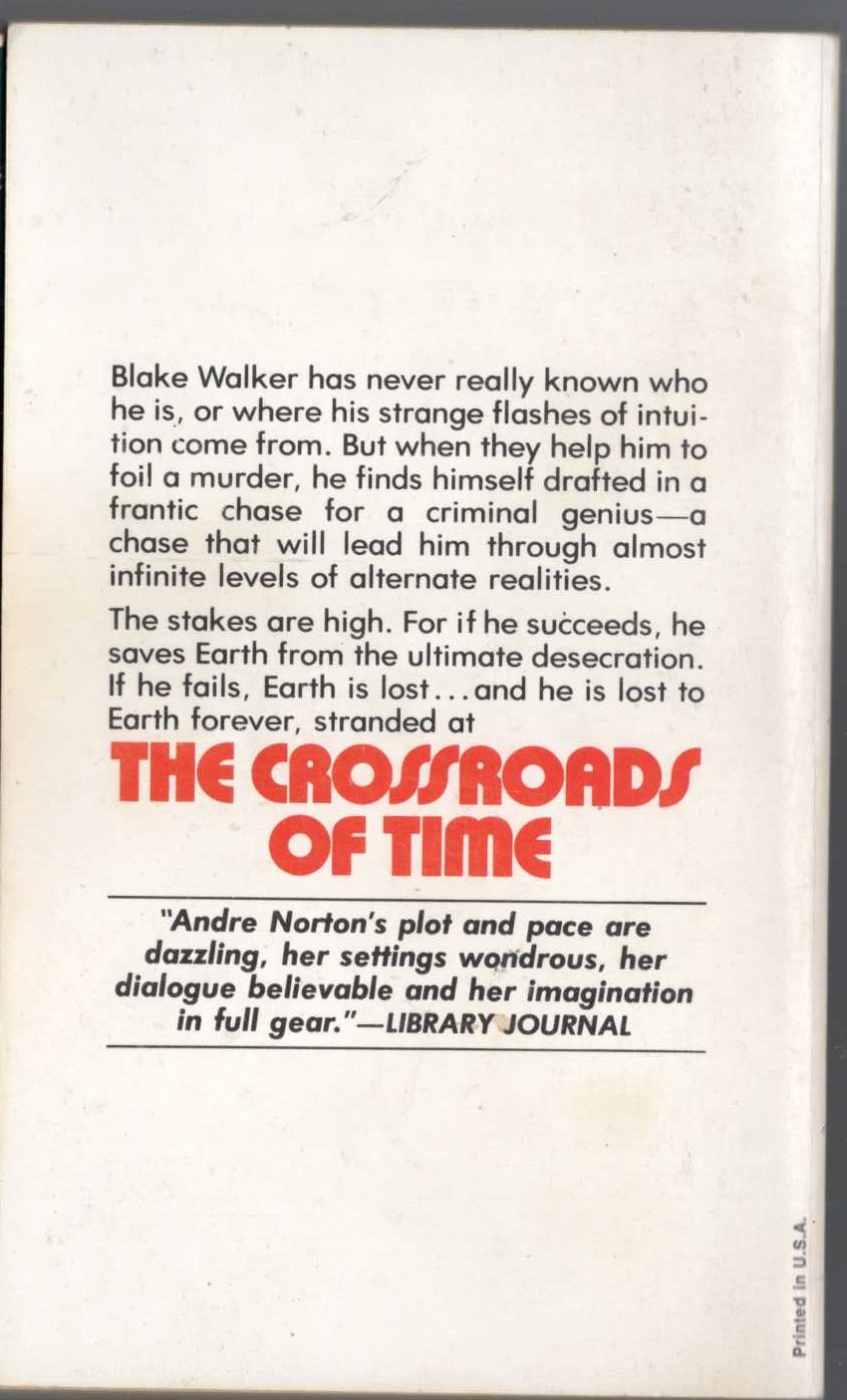 Andre Norton  THE CROSSROADS OF TIME magnified rear book cover image