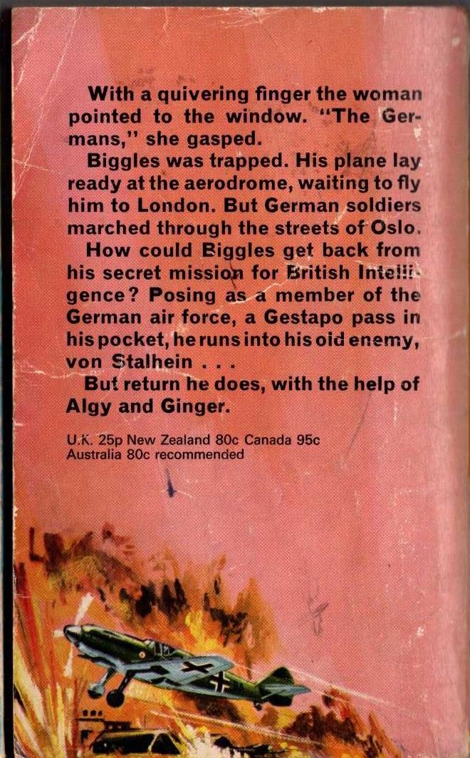 Captain W.E. Johns  BIGGLES DEFIES THE SWASTIKA magnified rear book cover image