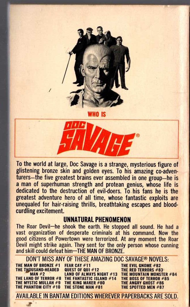 Kenneth Robeson  DOC SAVAGE: THE ROAR DEVIL magnified rear book cover image