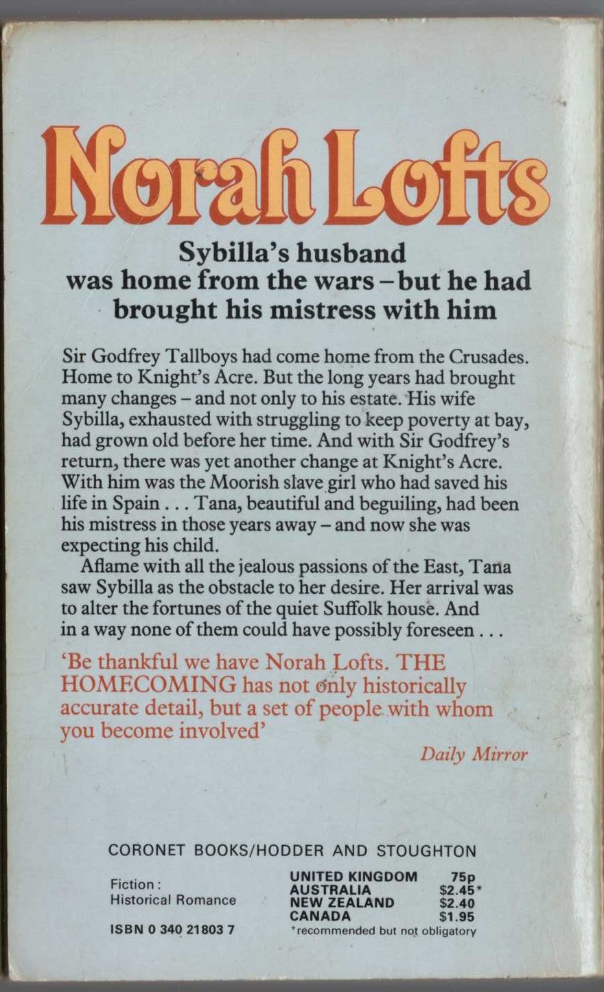 Norah Lofts  THE HOMECOMING magnified rear book cover image