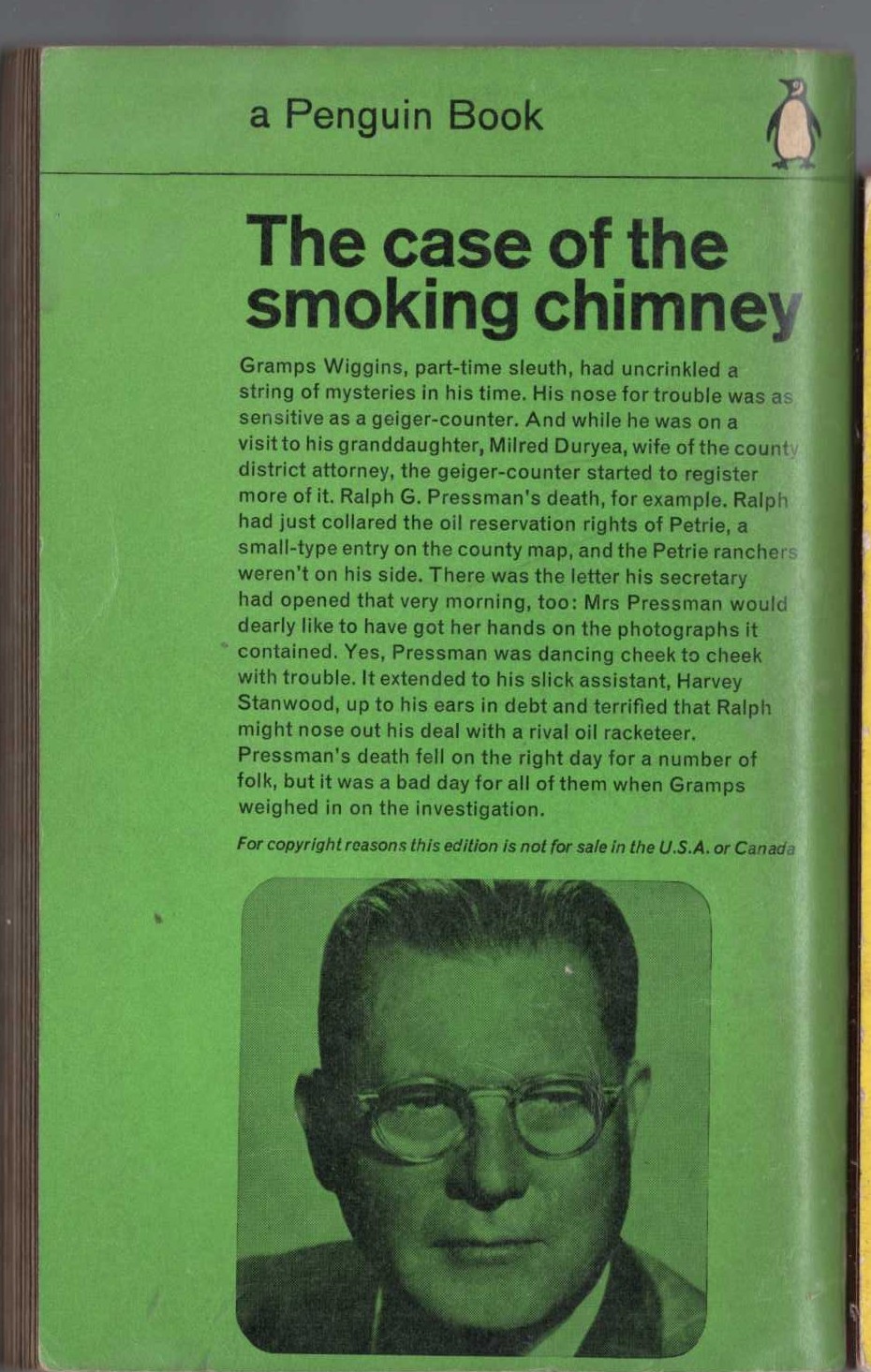 Erle Stanley Gardner  THE CASE OF THE SMOKING CHIMNEY magnified rear book cover image