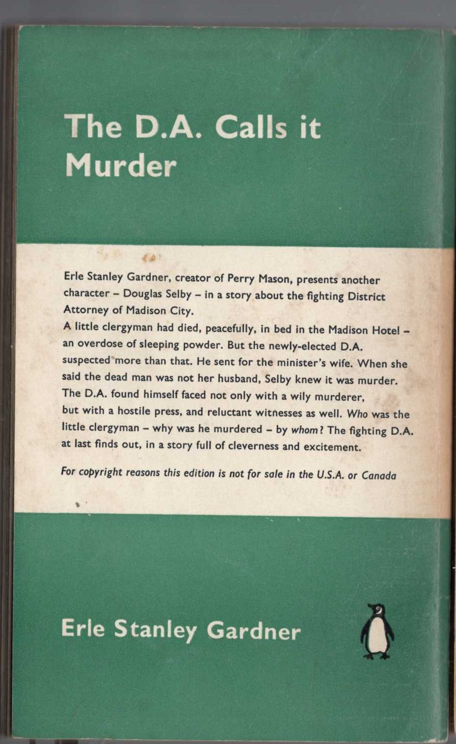 Erle Stanley Gardner  THE D.A. CALLS IT MURDER magnified rear book cover image