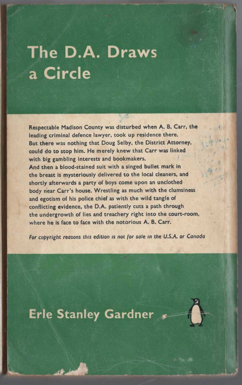 Erle Stanley Gardner  THE D.A. DRAWS A CIRCLE magnified rear book cover image