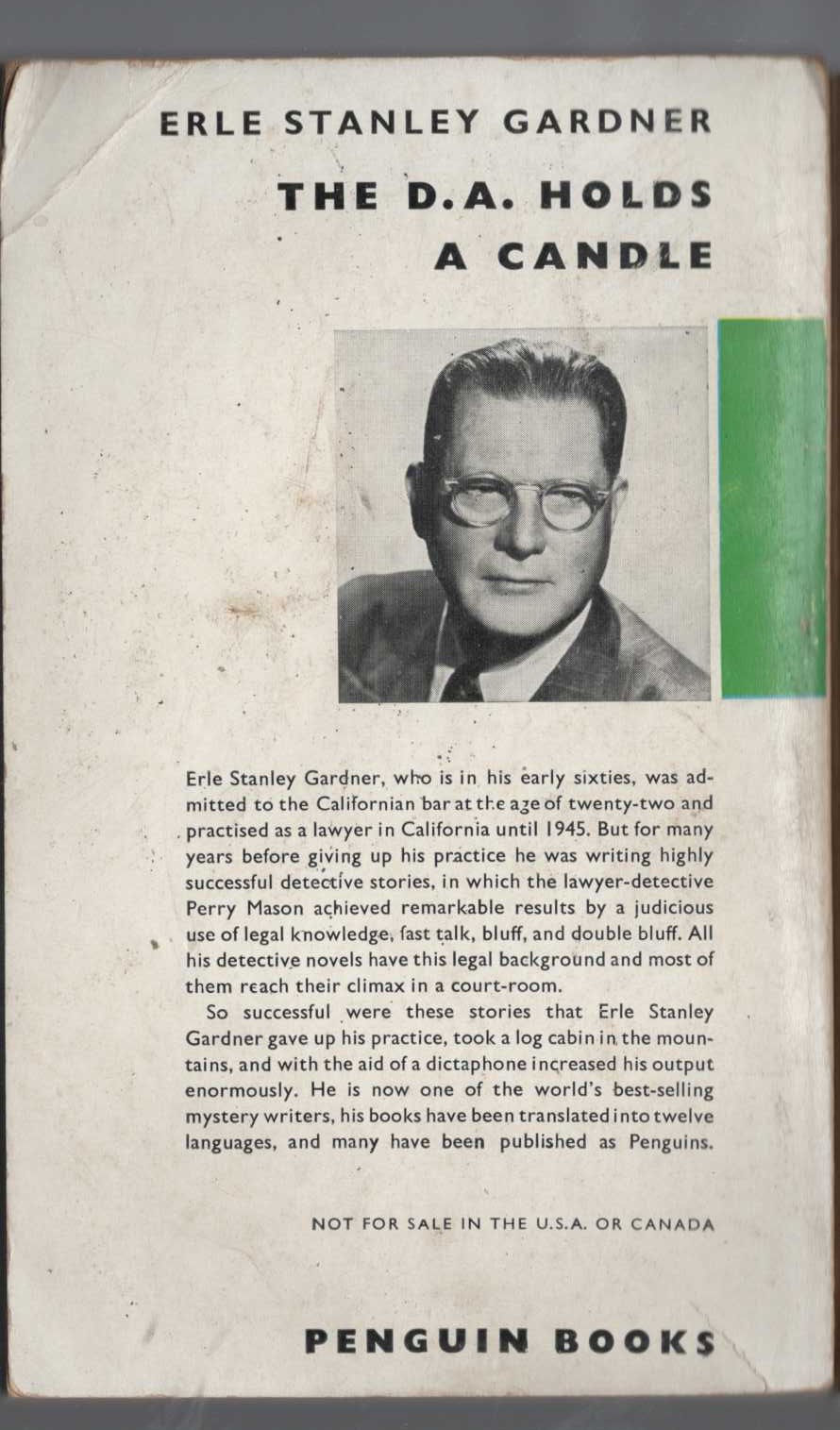 Erle Stanley Gardner  THE D.A. HOLDS A CANDLE magnified rear book cover image