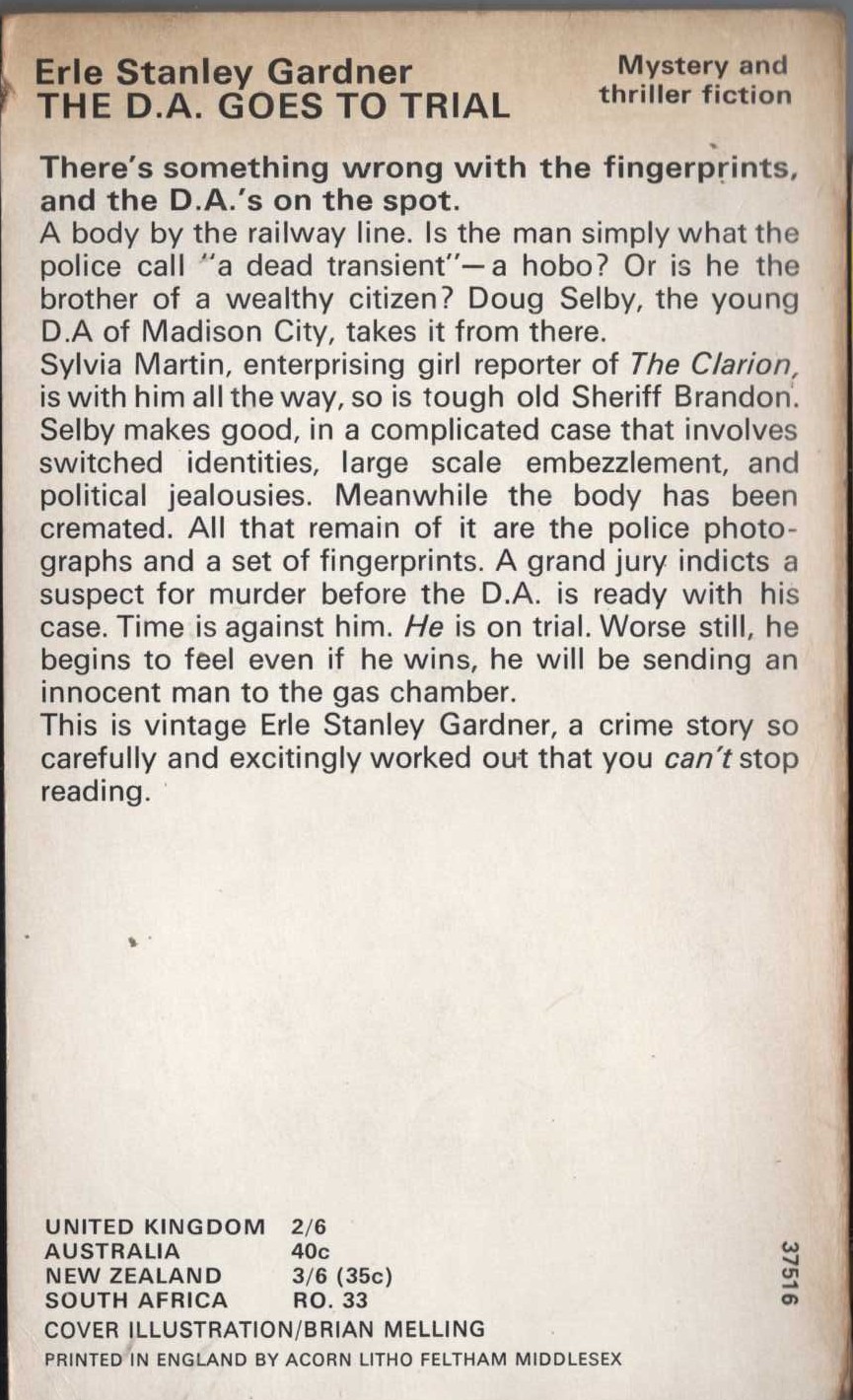 Erle Stanley Gardner  THE D.A. GOES TO TRIAL magnified rear book cover image
