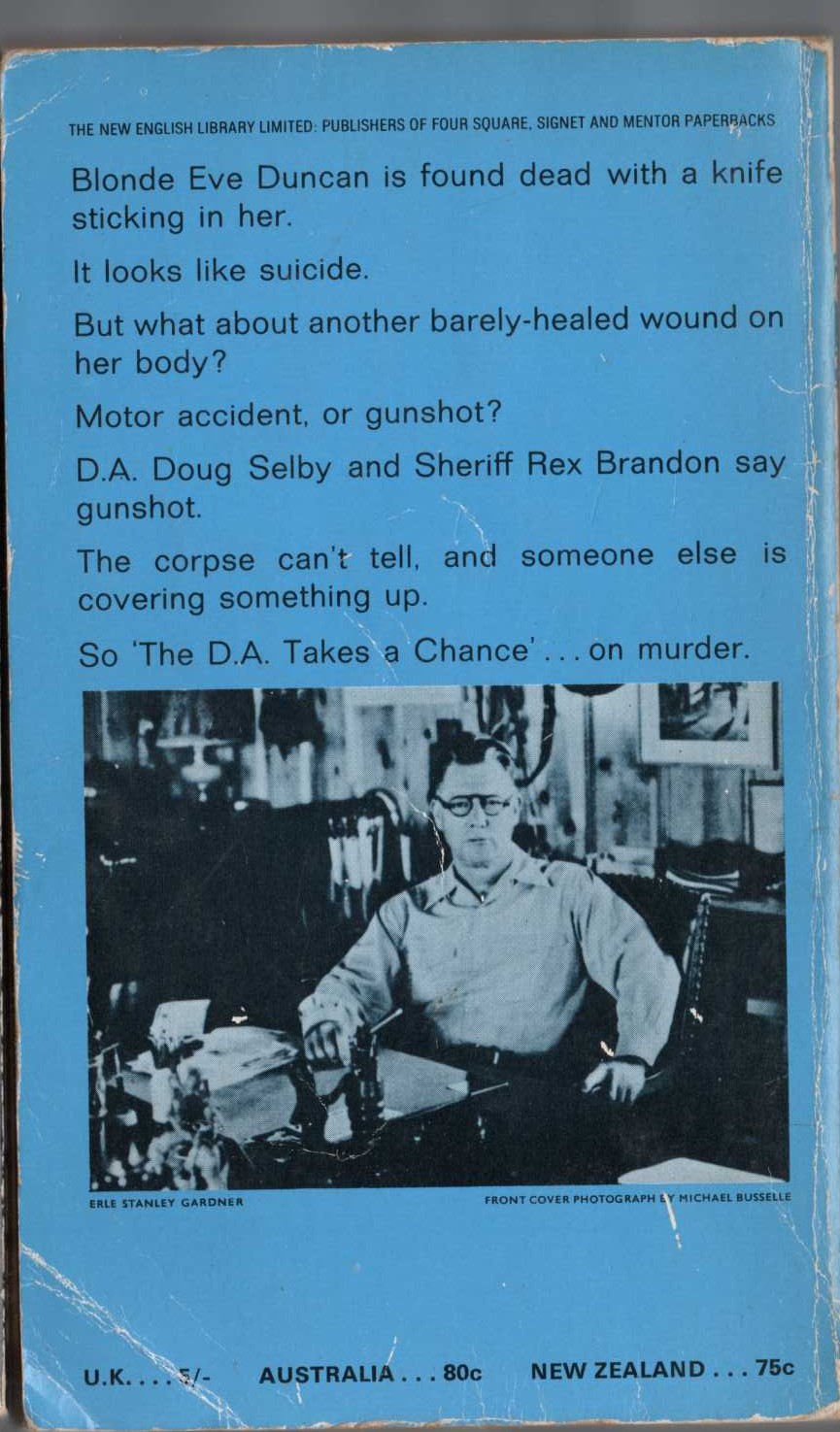 Erle Stanley Gardner  THE D.A.TAKES A CHANCE magnified rear book cover image