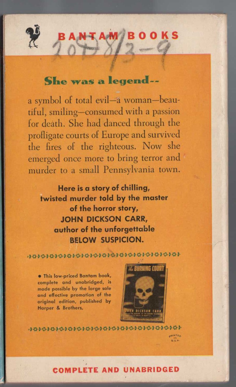 John Dickson Carr  THE BURNING COURT magnified rear book cover image