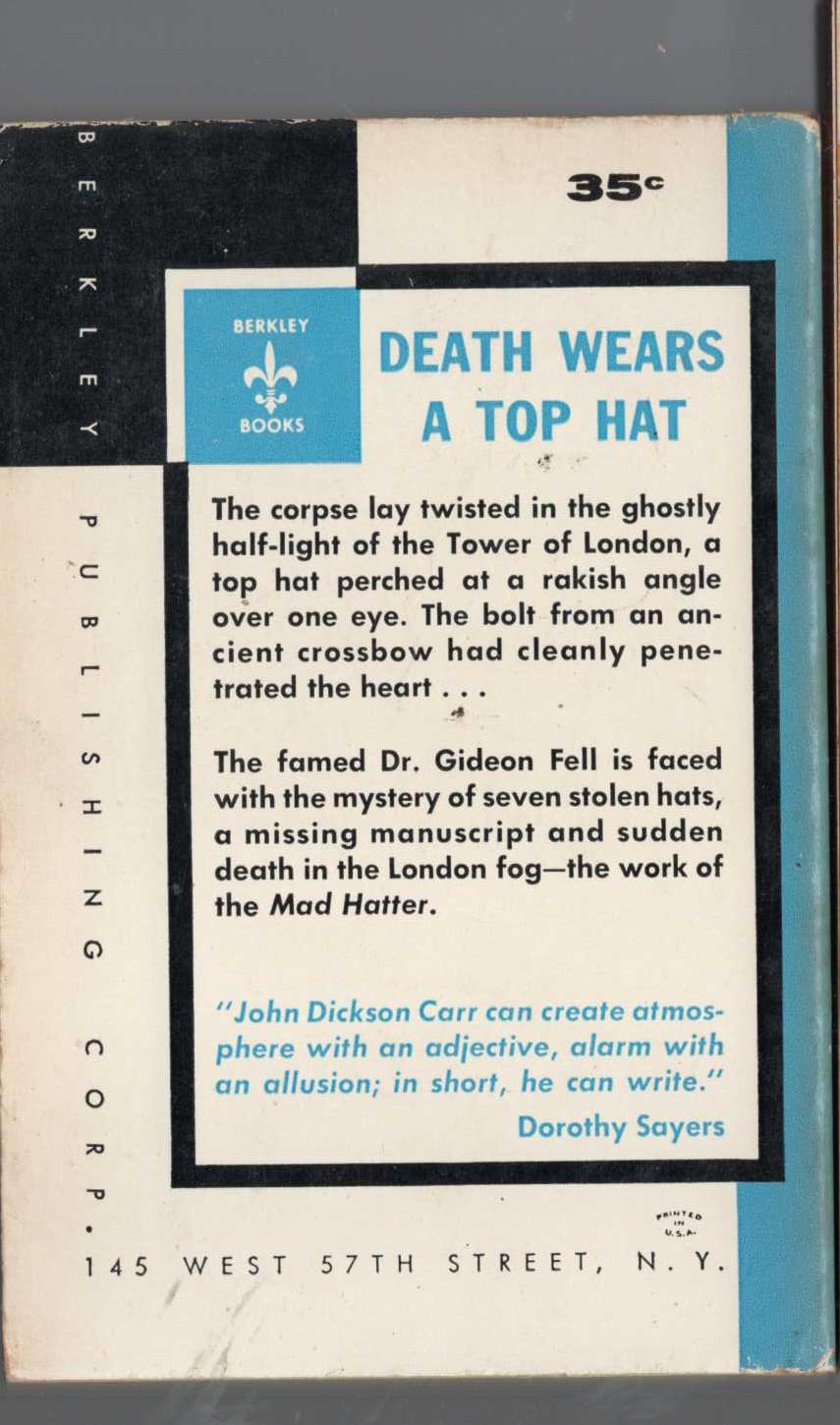 John Dickson Carr  THE MAD HATTER MYSTERY magnified rear book cover image