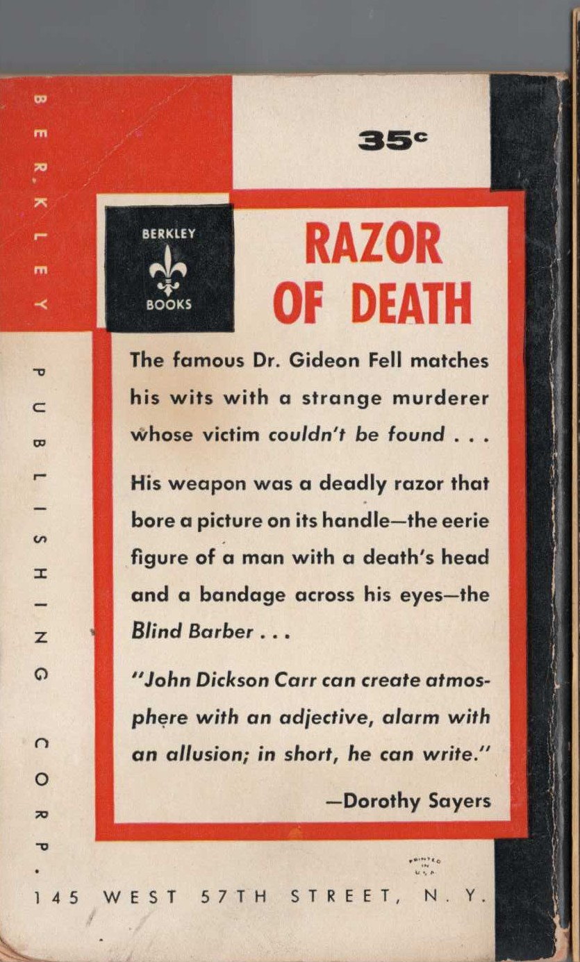 John Dickson Carr  THE BLIND BARBER magnified rear book cover image