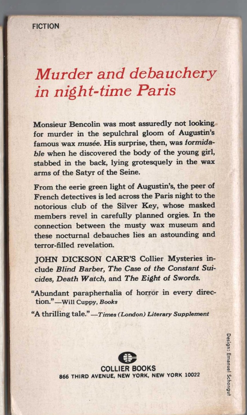 John Dickson Carr  THE CORPSE IN THE WAXWORKS magnified rear book cover image