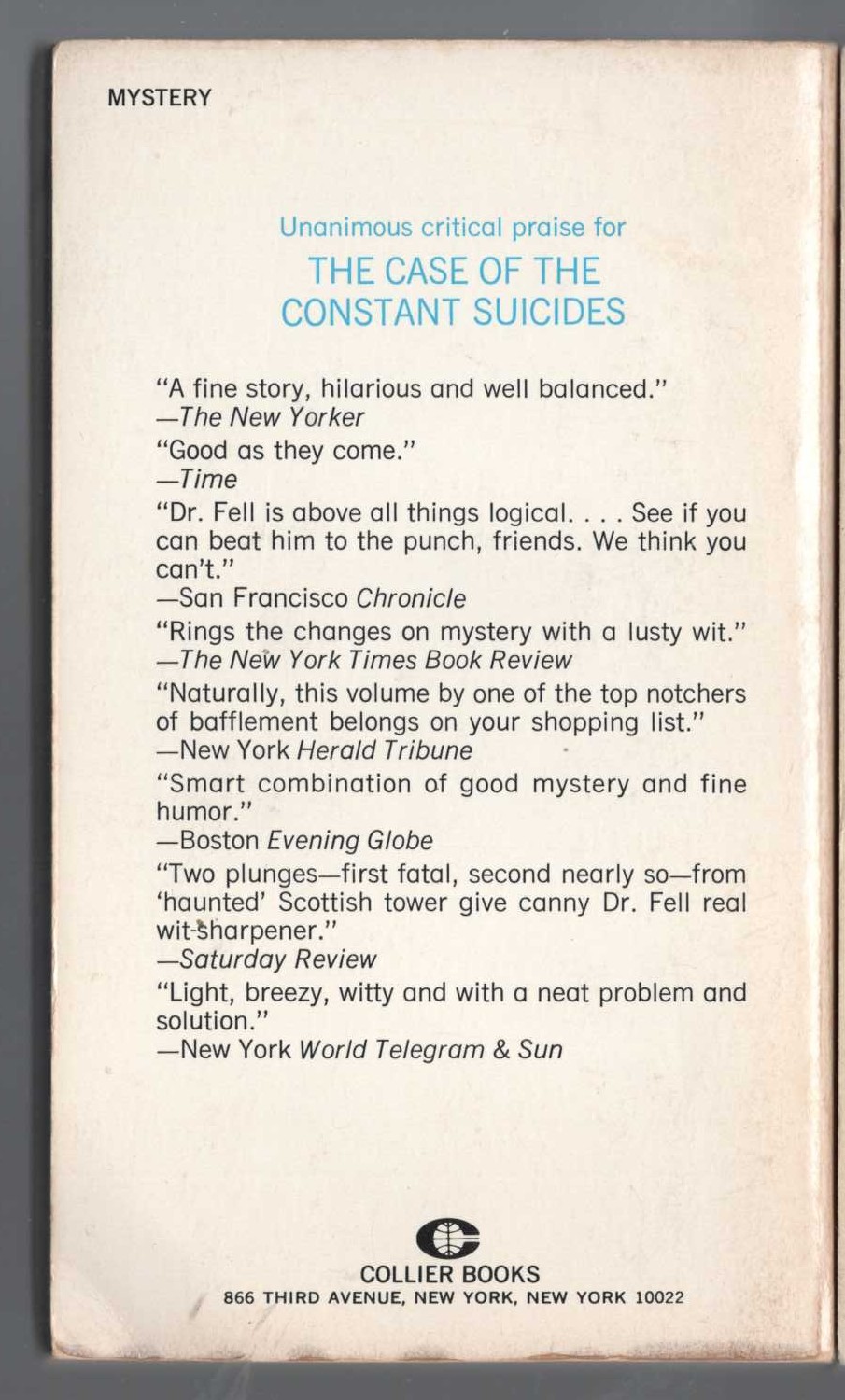 John Dickson Carr  THE CASE OF THE CONSTANT SUICIDES magnified rear book cover image