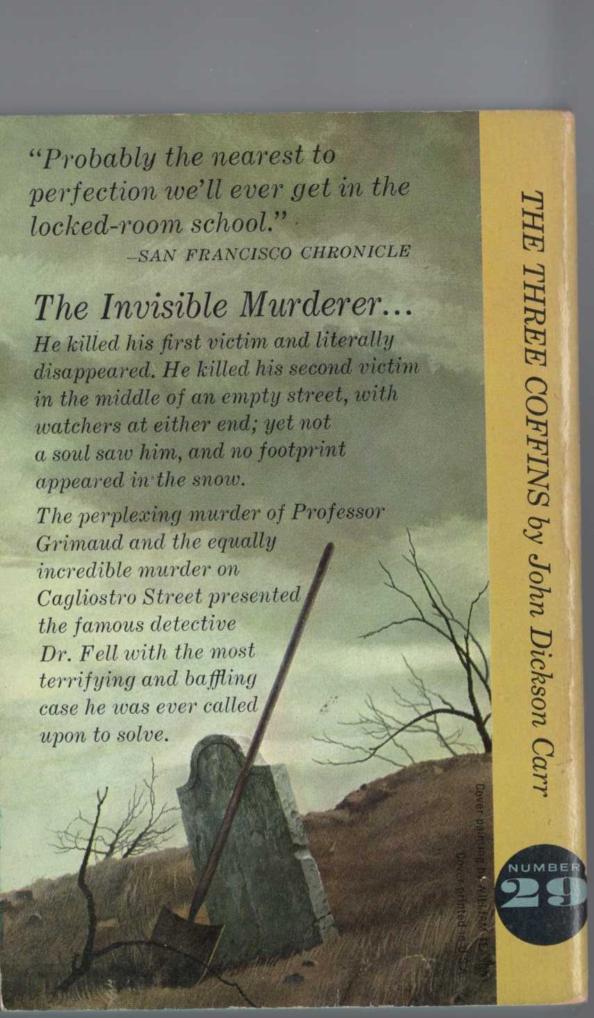 John Dickson Carr  THE THREE COFFINS magnified rear book cover image