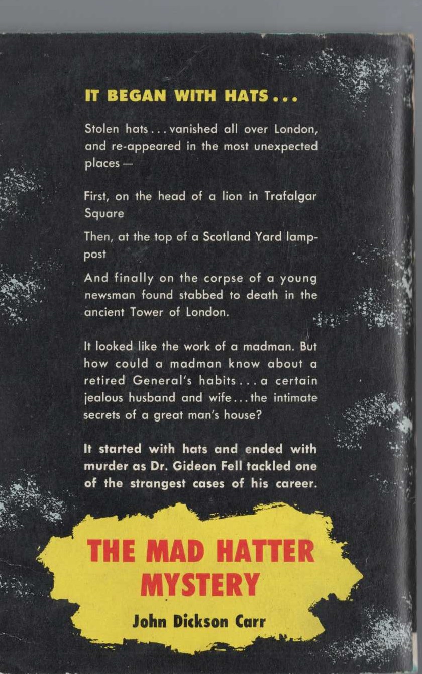 John Dickson Carr  THE MAD HATTER MYSTERY magnified rear book cover image