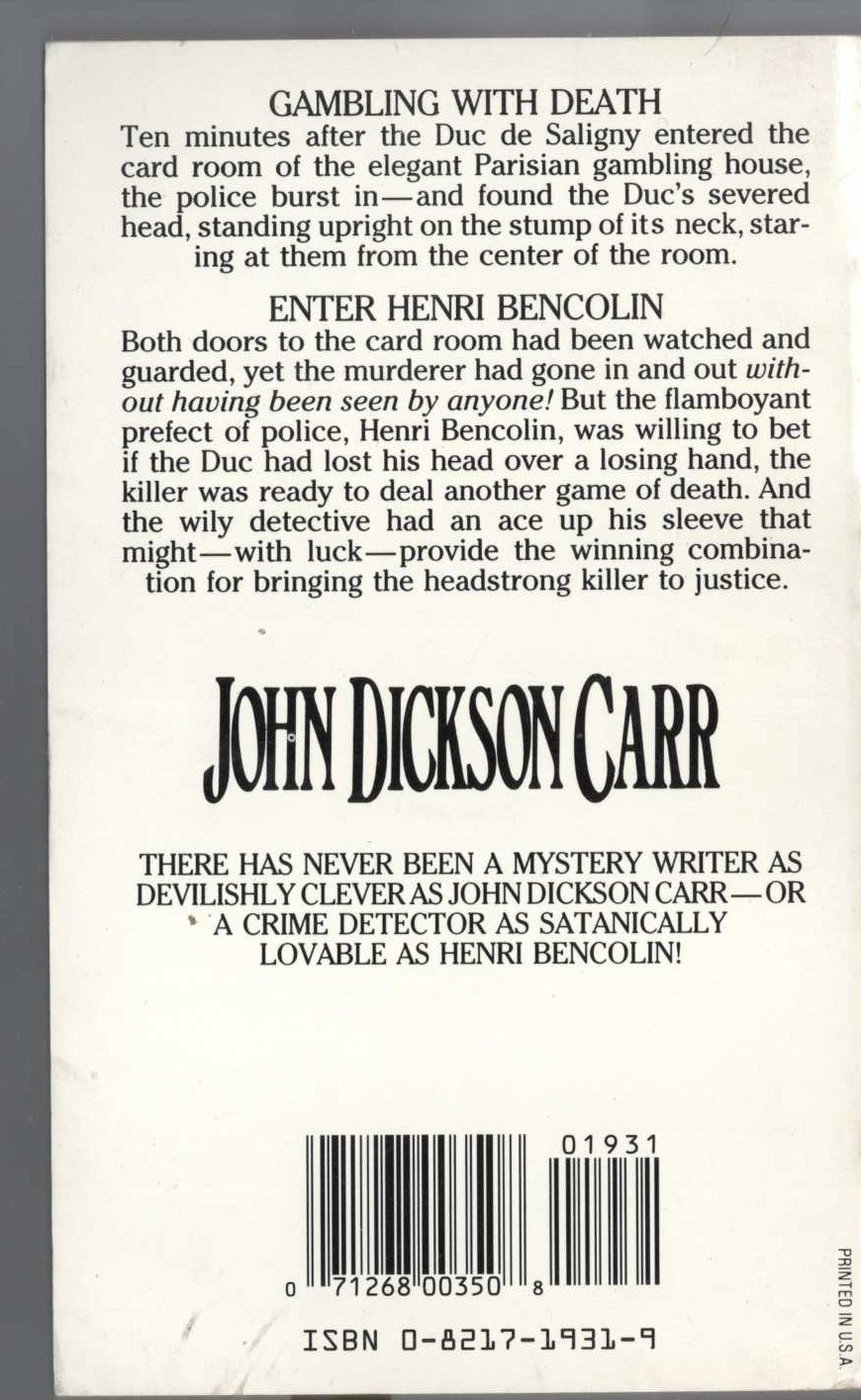 John Dickson Carr  IT WALKS BY NIGHT magnified rear book cover image