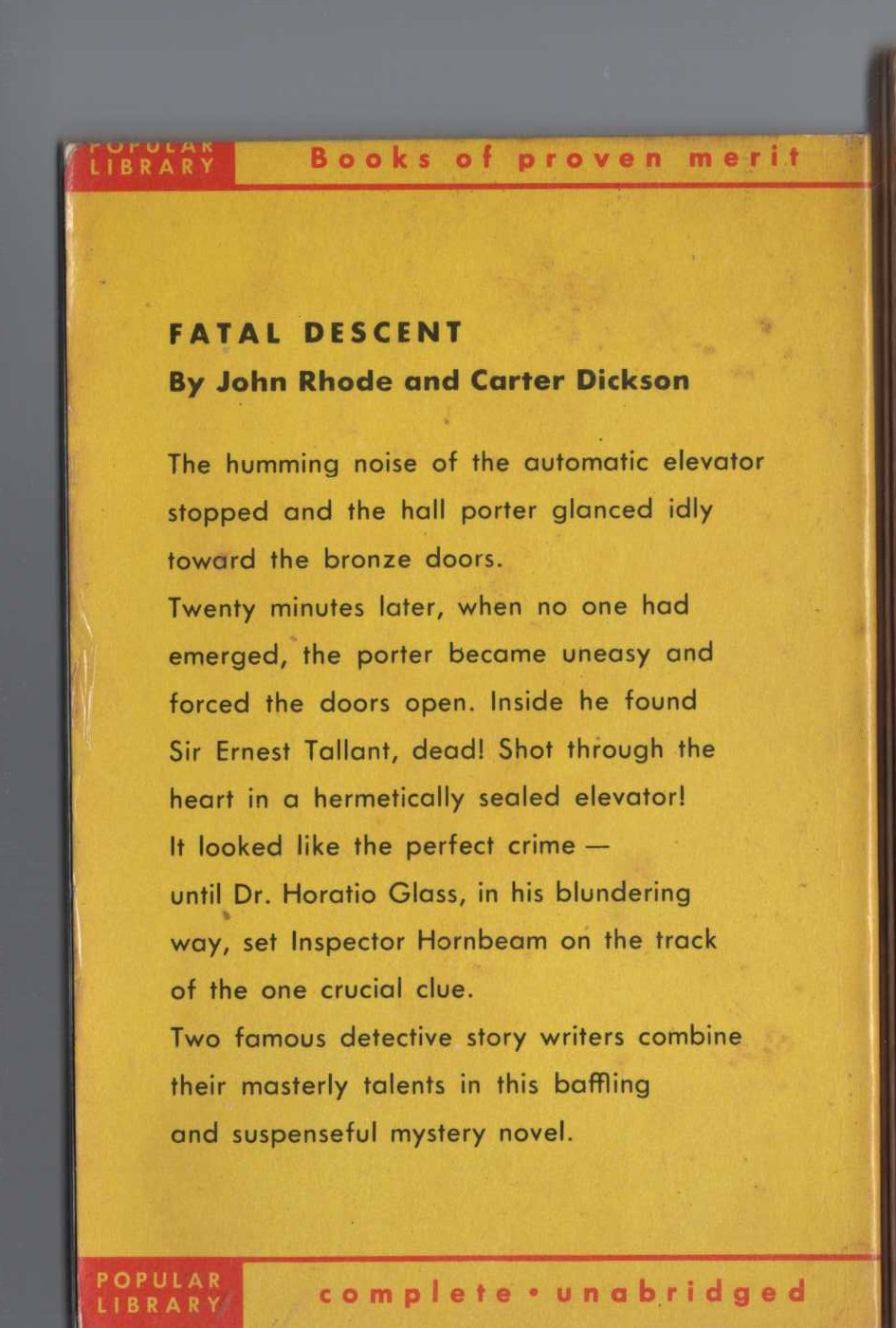 (John Rhode & Carter Dickson) FATAL DESCENT magnified rear book cover image