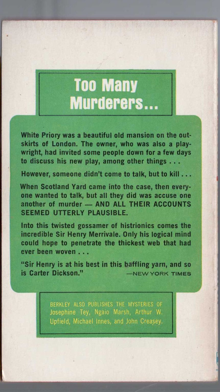 Carter Dickson  THE WHITE PRIORY MURDERS magnified rear book cover image