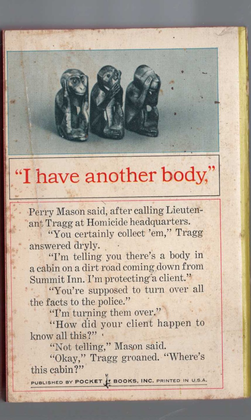 Erle Stanley Gardner  THE CASE OF THE MYTHICAL MONKEYS magnified rear book cover image