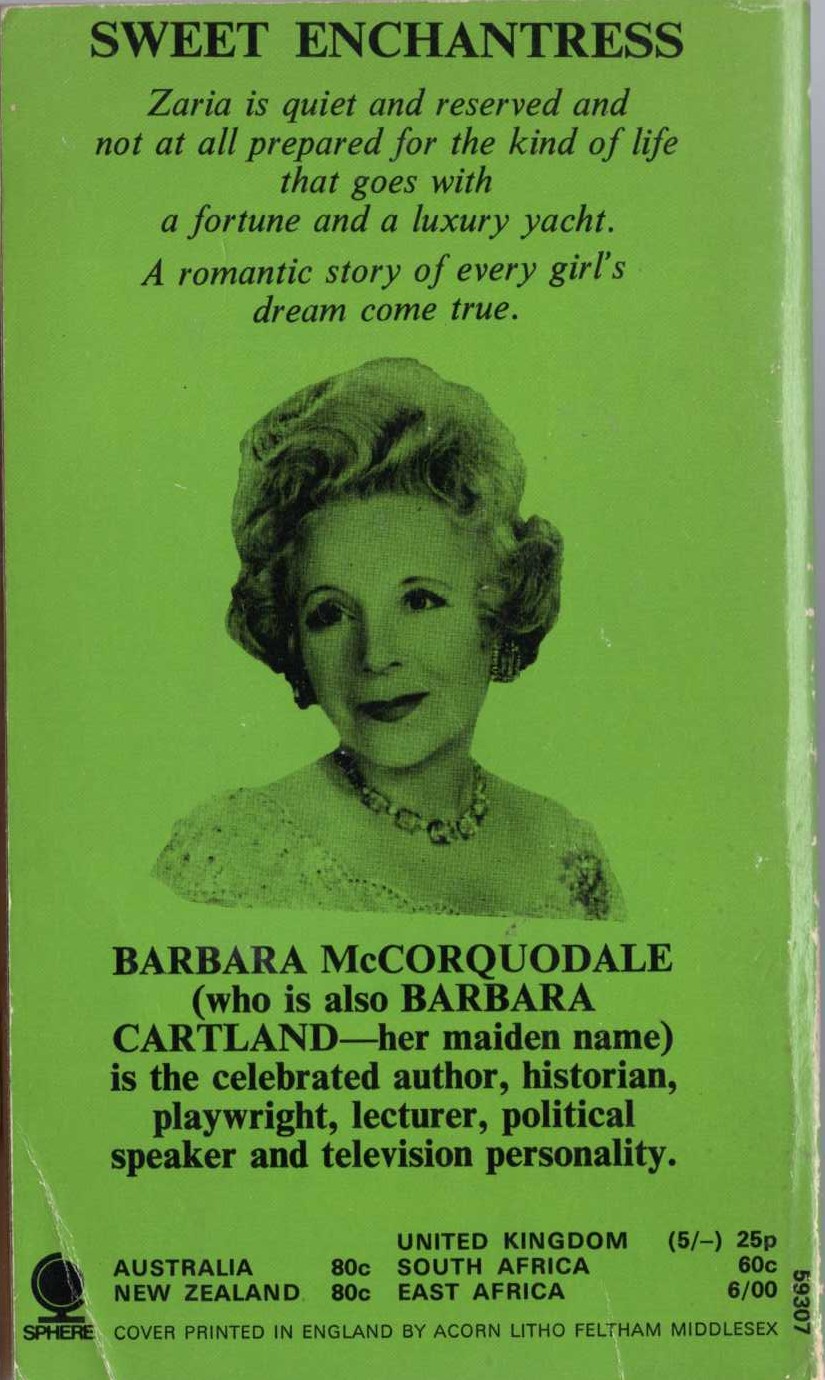 (Barbara Cartland writing as Barbara McCorquodale) SWEET ENCHANTRESS magnified rear book cover image