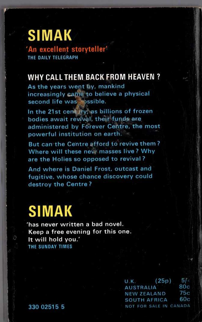 Clifford D. Simak  WHY CALL THEM BACK FROM HEAVEN? magnified rear book cover image
