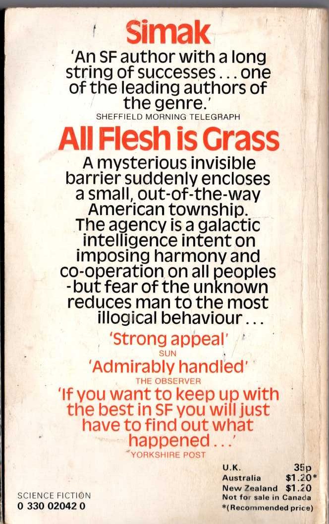 Clifford D. Simak  ALL FLESH IS GRASS magnified rear book cover image