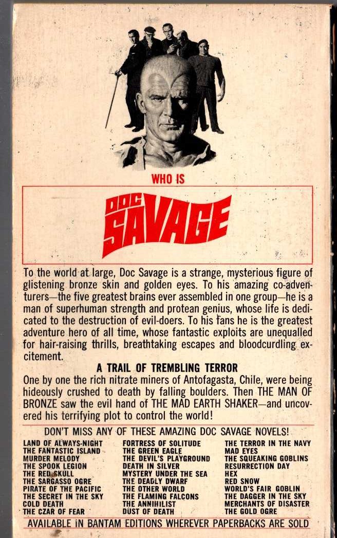Kenneth Robeson  DOC SAVAGE: THE MAN WHO SHOOK THE EARTH magnified rear book cover image